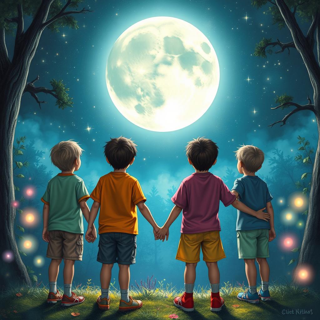 A fantasy scene featuring four boys holding hands, facing away from the viewer, gazing at a large, luminous full moon in a starry night sky