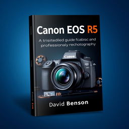 A beautifully designed cover for a photography guide titled 'Canon EOS R5: A Detailed Guide for Basic and Professional Photography'
