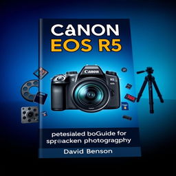 A beautifully designed cover for a photography guide titled 'Canon EOS R5: A Detailed Guide for Basic and Professional Photography'