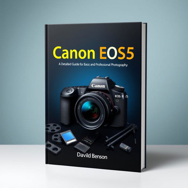 A beautifully designed cover for a photography guide titled 'Canon EOS R5: A Detailed Guide for Basic and Professional Photography'