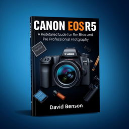 A beautifully designed cover for a photography guide titled 'Canon EOS R5: A Detailed Guide for Basic and Professional Photography'