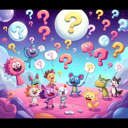 A vibrant and imaginative digital illustration featuring 20 quirky, anthropomorphic characters, each representing a different question in a fun and engaging way