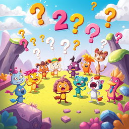 A vibrant and imaginative digital illustration featuring 20 quirky, anthropomorphic characters, each representing a different question in a fun and engaging way