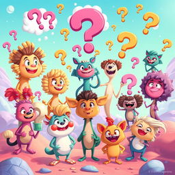 A vibrant and imaginative digital illustration featuring 20 quirky, anthropomorphic characters, each representing a different question in a fun and engaging way