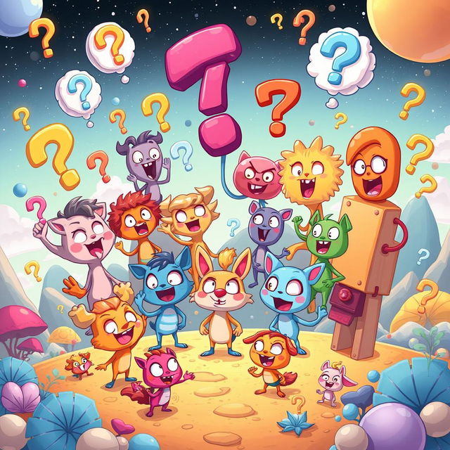 A vibrant and imaginative digital illustration featuring 20 quirky, anthropomorphic characters, each representing a different question in a fun and engaging way