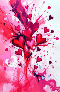 An abstract representation of chaos and love intertwined, featuring vibrant colors like reds, pinks, and purples swirling together in a dynamic, chaotic composition