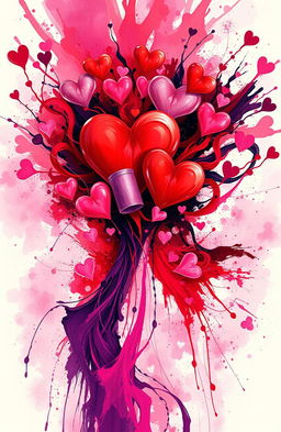 An abstract representation of chaos and love intertwined, featuring vibrant colors like reds, pinks, and purples swirling together in a dynamic, chaotic composition