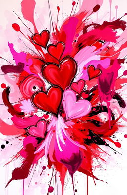 An abstract representation of chaos and love intertwined, featuring vibrant colors like reds, pinks, and purples swirling together in a dynamic, chaotic composition