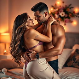 A passionate scene of a couple in love, embracing each other intimately in a stylish bedroom