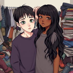 A full-body image of a boy and a girl standing together in a messy room