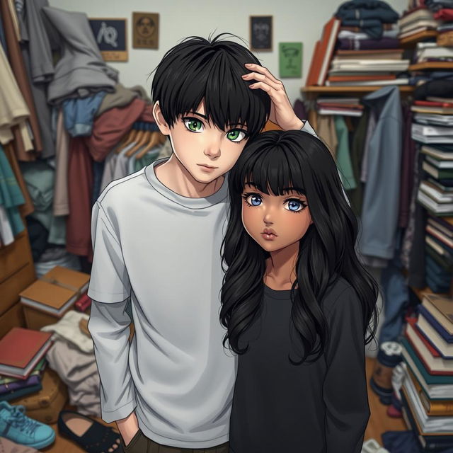 A full-body image of a boy and a girl standing together in a messy room