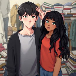 A full-body image of a boy and a girl standing together in a messy room