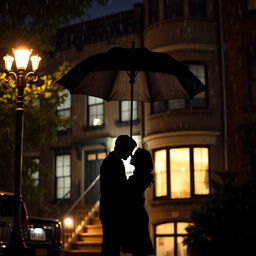 A romantic scene depicting a couple silhouetted against a nighttime backdrop, standing under a large umbrella