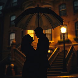 A romantic scene depicting a couple silhouetted against a nighttime backdrop, standing under a large umbrella