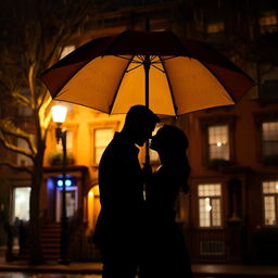 A romantic scene depicting a couple silhouetted against a nighttime backdrop, standing under a large umbrella