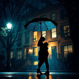 A romantic scene depicting a couple silhouetted against a nighttime backdrop, standing under a large umbrella