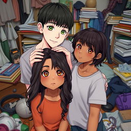 A full-body image of a boy and a girl in a messy room, displaying a charming height difference