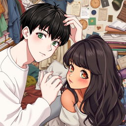 A full-body image of a boy and a girl in a messy room, displaying a charming height difference