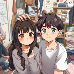 A full-body image of a boy and a girl in a messy room, displaying a charming height difference