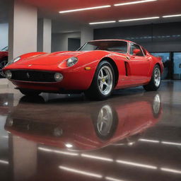 A vivid red Ferrari GTO in an exquisitely lit showroom with a glossy, polished finish reflecting the lights.