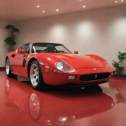 A vivid red Ferrari GTO in an exquisitely lit showroom with a glossy, polished finish reflecting the lights.