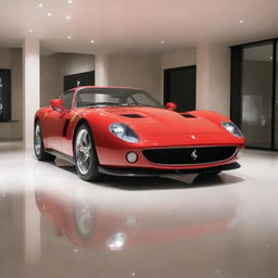 A vivid red Ferrari GTO in an exquisitely lit showroom with a glossy, polished finish reflecting the lights.