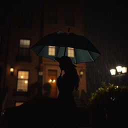 A romantic scene featuring a couple silhouetted against a nighttime backdrop, standing close together under a large umbrella