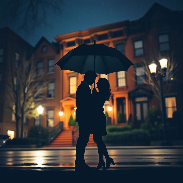 A romantic scene featuring a couple silhouetted against a nighttime backdrop, standing close together under a large umbrella