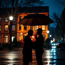 A romantic scene featuring a couple silhouetted against a nighttime backdrop, standing close together under a large umbrella