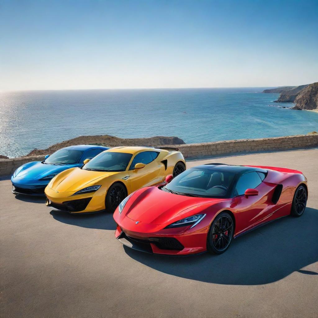 A lineup of colorful, sleek, high-performance sports cars under a shining sun with a backdrop of a pristine coastline.