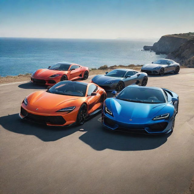 A lineup of colorful, sleek, high-performance sports cars under a shining sun with a backdrop of a pristine coastline.