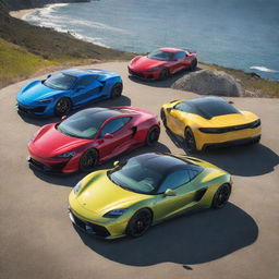 A lineup of colorful, sleek, high-performance sports cars under a shining sun with a backdrop of a pristine coastline.