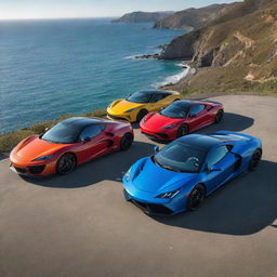 A lineup of colorful, sleek, high-performance sports cars under a shining sun with a backdrop of a pristine coastline.