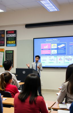 A student presentation on monetary policy, featuring Valeed from class 12-B energetically discussing key concepts