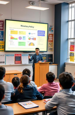 A student presentation on monetary policy, featuring Valeed from class 12-B energetically discussing key concepts
