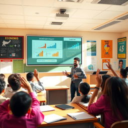 A vibrant classroom scene featuring Valeed from class 12-B delivering a presentation on monetary policy