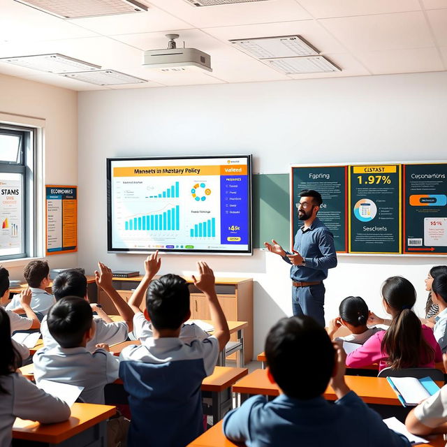 A vibrant classroom scene featuring Valeed from class 12-B delivering a presentation on monetary policy