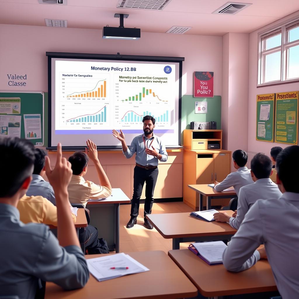 A vibrant classroom scene featuring Valeed from class 12-B delivering a presentation on monetary policy