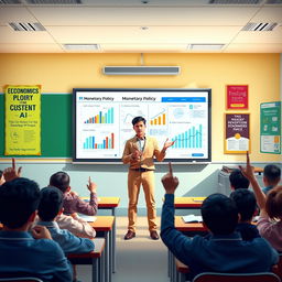 A vibrant classroom scene featuring Valeed from class 12-B delivering a presentation on monetary policy