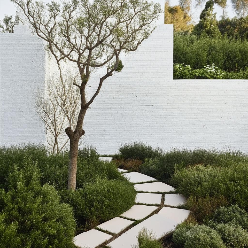 A whimsical garden path created with crazy paving stones, nestled beside a pristine white brick wall