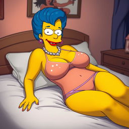 Marge Simpson in a sexy pose, wearing a transparent camisole that accentuates her large breasts, with visible nipples