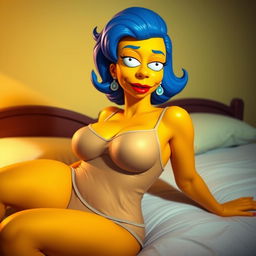 Marge Simpson in a sexy pose, wearing a transparent camisole that accentuates her large breasts, with visible nipples