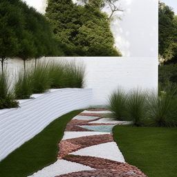 A whimsical garden path created with crazy paving stones, nestled beside a pristine white brick wall