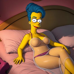 A slender and sexy Marge Simpson wearing a sheer nightgown that reveals her large breasts, with her nipples subtly visible through the fabric