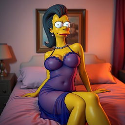 A slender and sexy Marge Simpson wearing a sheer nightgown that reveals her large breasts, with her nipples subtly visible through the fabric