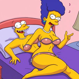 Marge Simpson in a seductive pose, slim figure, sexy look, wearing only a transparent thong and lying on a bed, showcasing her large chest and emphasized features, playfully revealing her curves