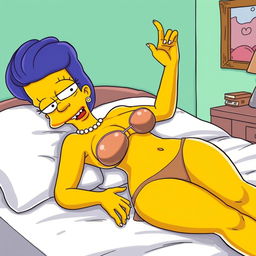 Marge Simpson in a seductive pose, slim figure, sexy look, wearing only a transparent thong and lying on a bed, showcasing her large chest and emphasized features, playfully revealing her curves