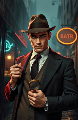 A handsome detective named Vincent, dressed in a sharp, tailored suit, with a stern yet charismatic expression