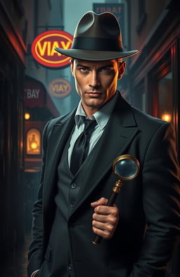 A handsome detective named Vincent, dressed in a sharp, tailored suit, with a stern yet charismatic expression
