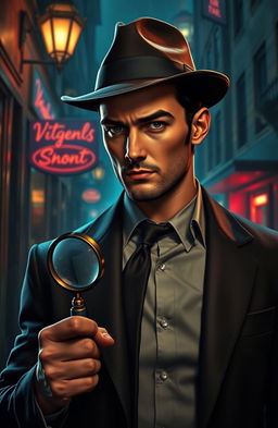 A handsome detective named Vincent, dressed in a sharp, tailored suit, with a stern yet charismatic expression
